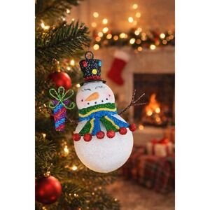 Vintage Glitter Snowman Christmas Ornament Holding Gift